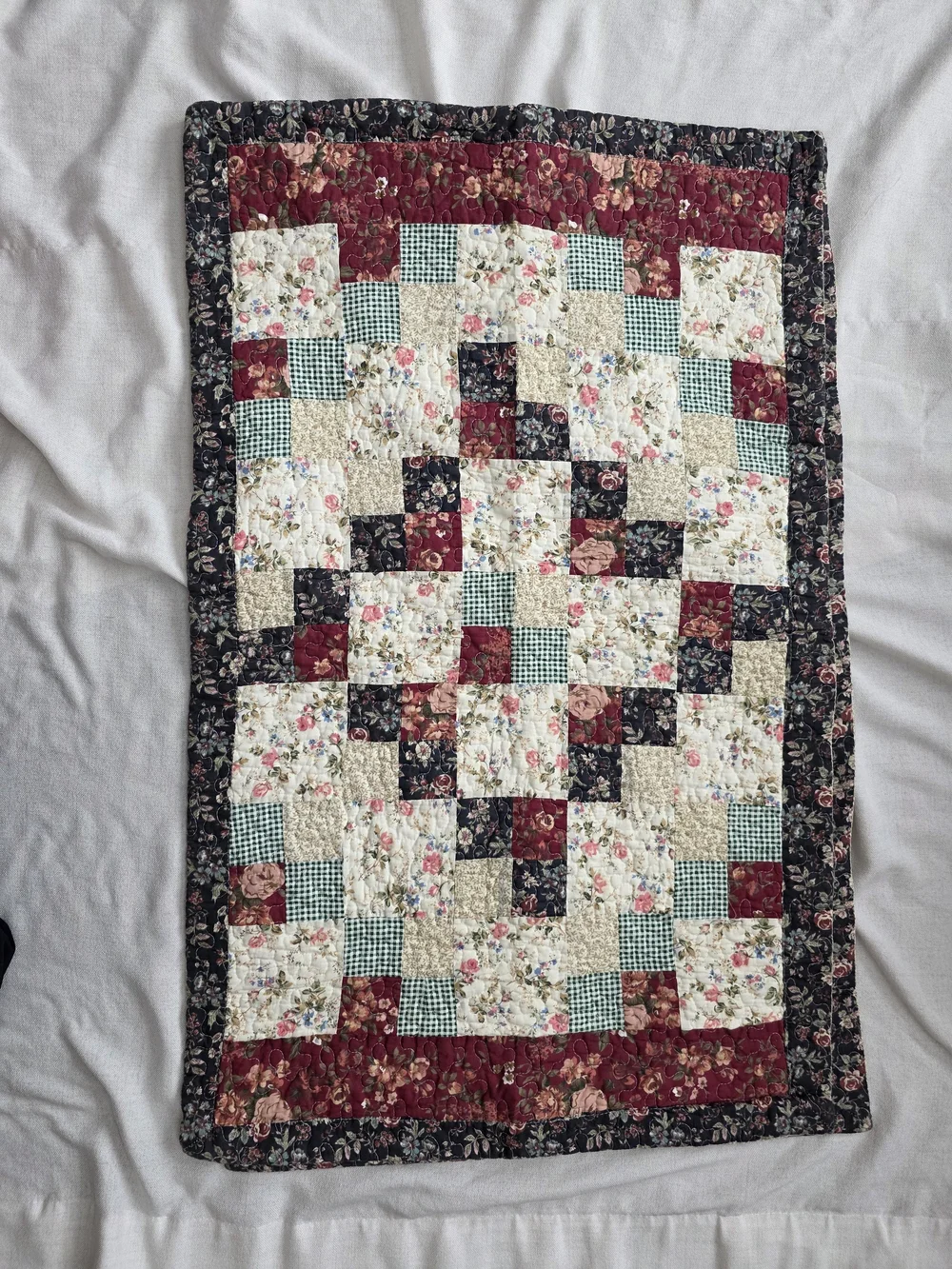 Home Patchwork Quilted Large Pillow Cover‎ Floral Red, Cream & Blue 33x24